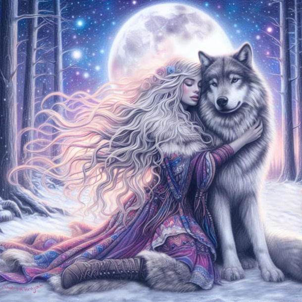 Illustration of a woman with wolf in  winter forest in soft purple tones, mystical fantasy style.