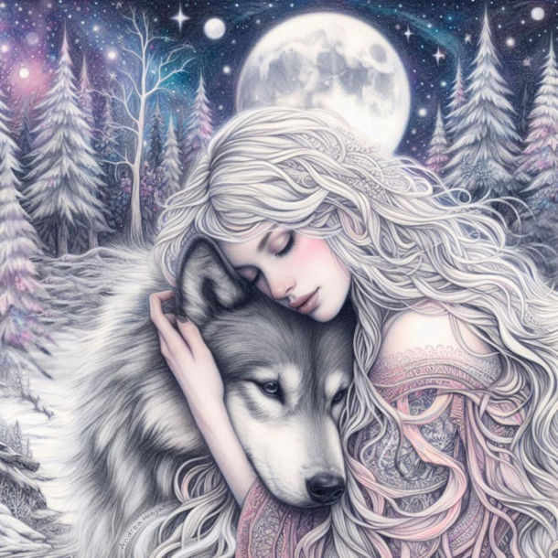 Illustration of a woman hugging wolf in moonlit winter forest soft pastel tones.