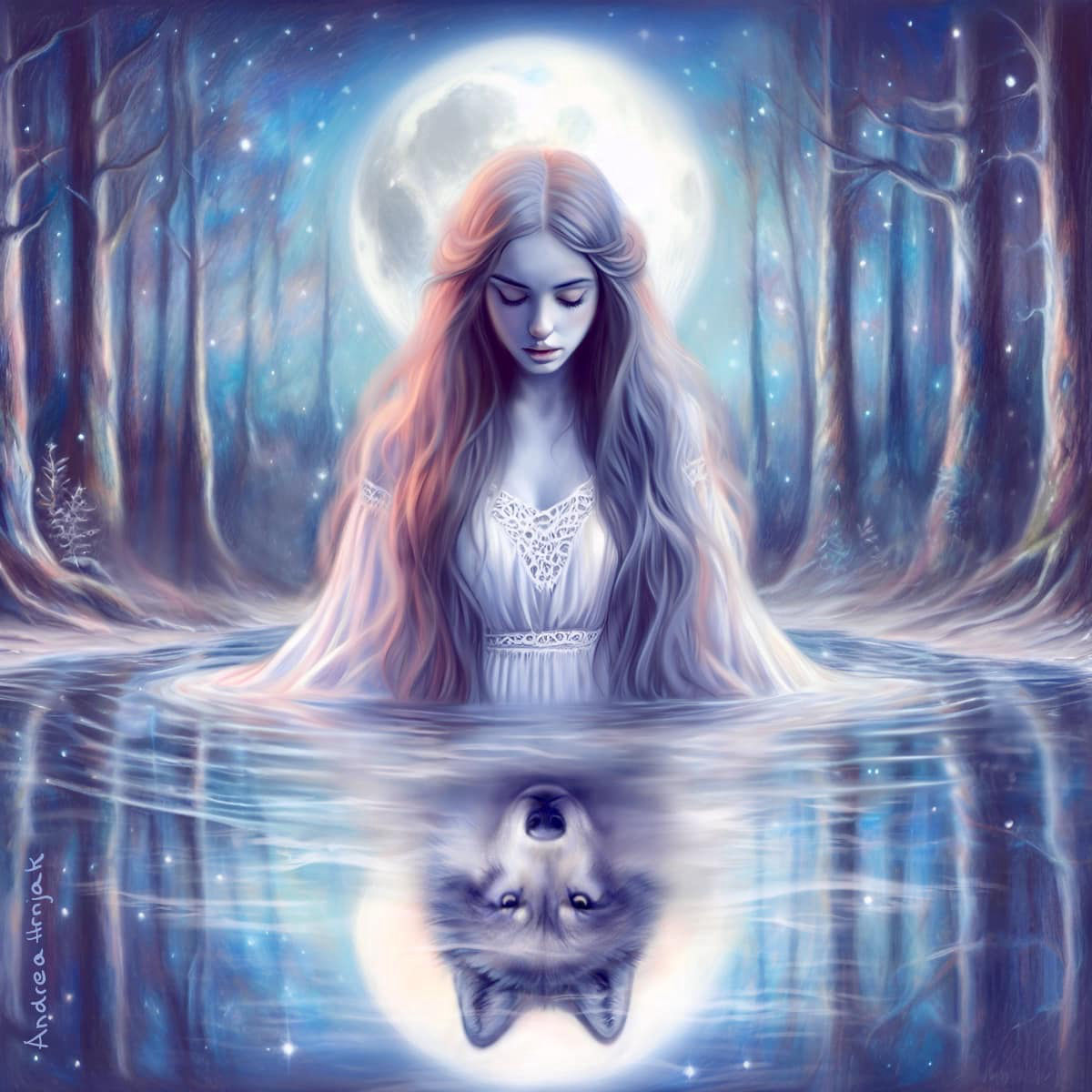 Fantasy illustration of a woman in a forest  lake mirroring wolf, pastel color palette.