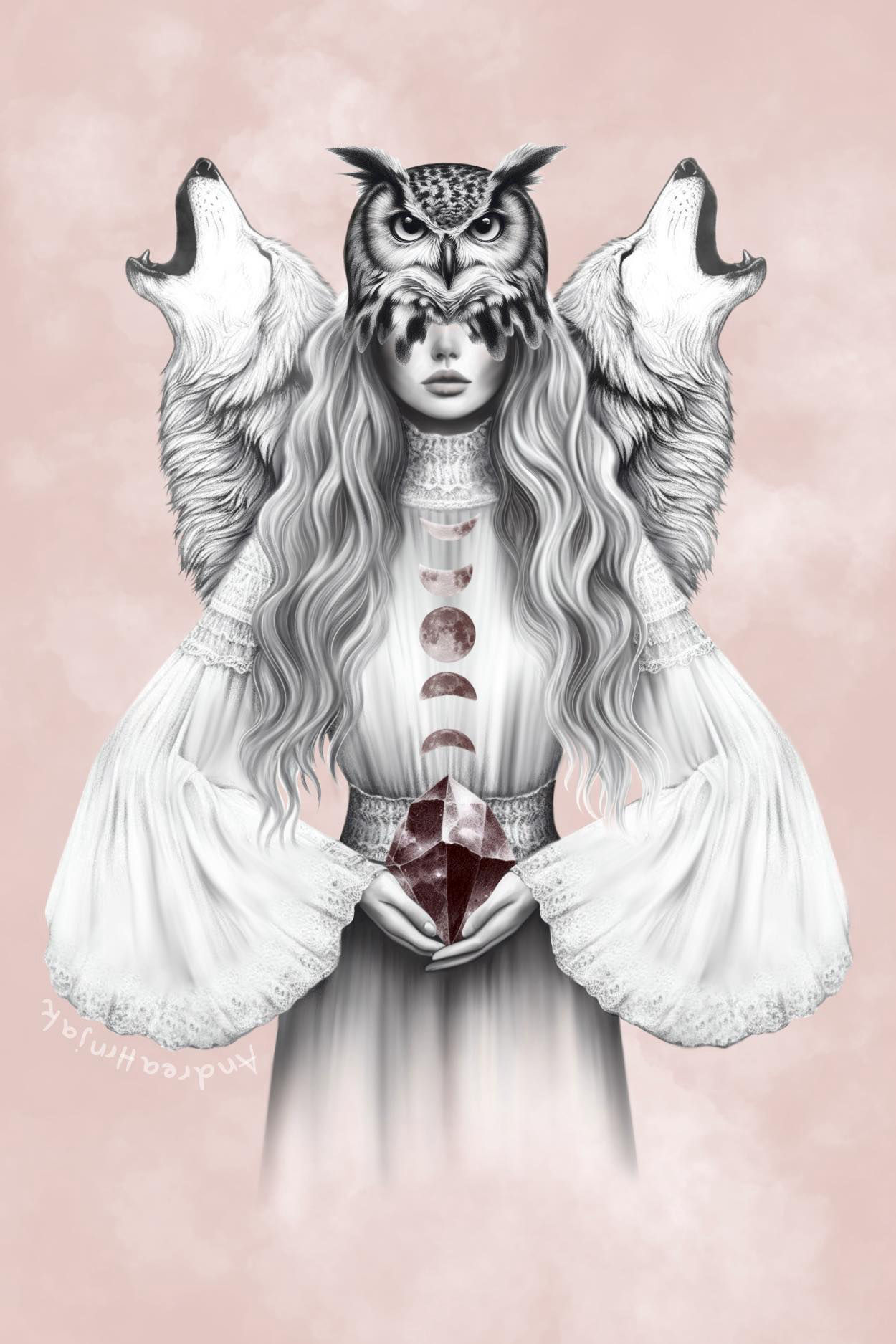 Pencil drawing of medicine  woman with owl mask holding crystal und wolvescrystal 