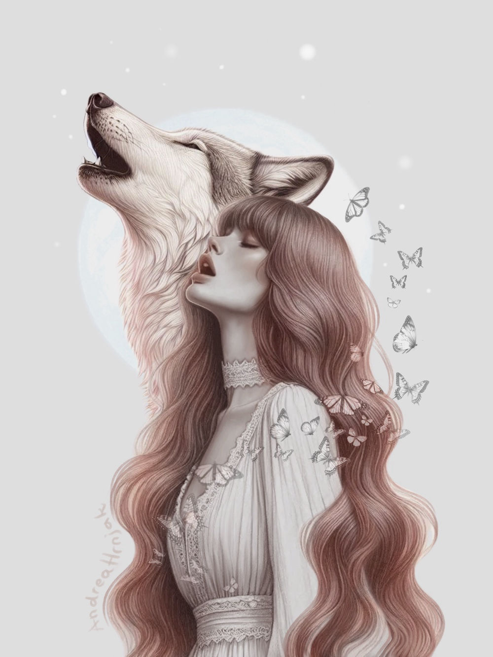 Pencil drawing of woman and howling wolf
