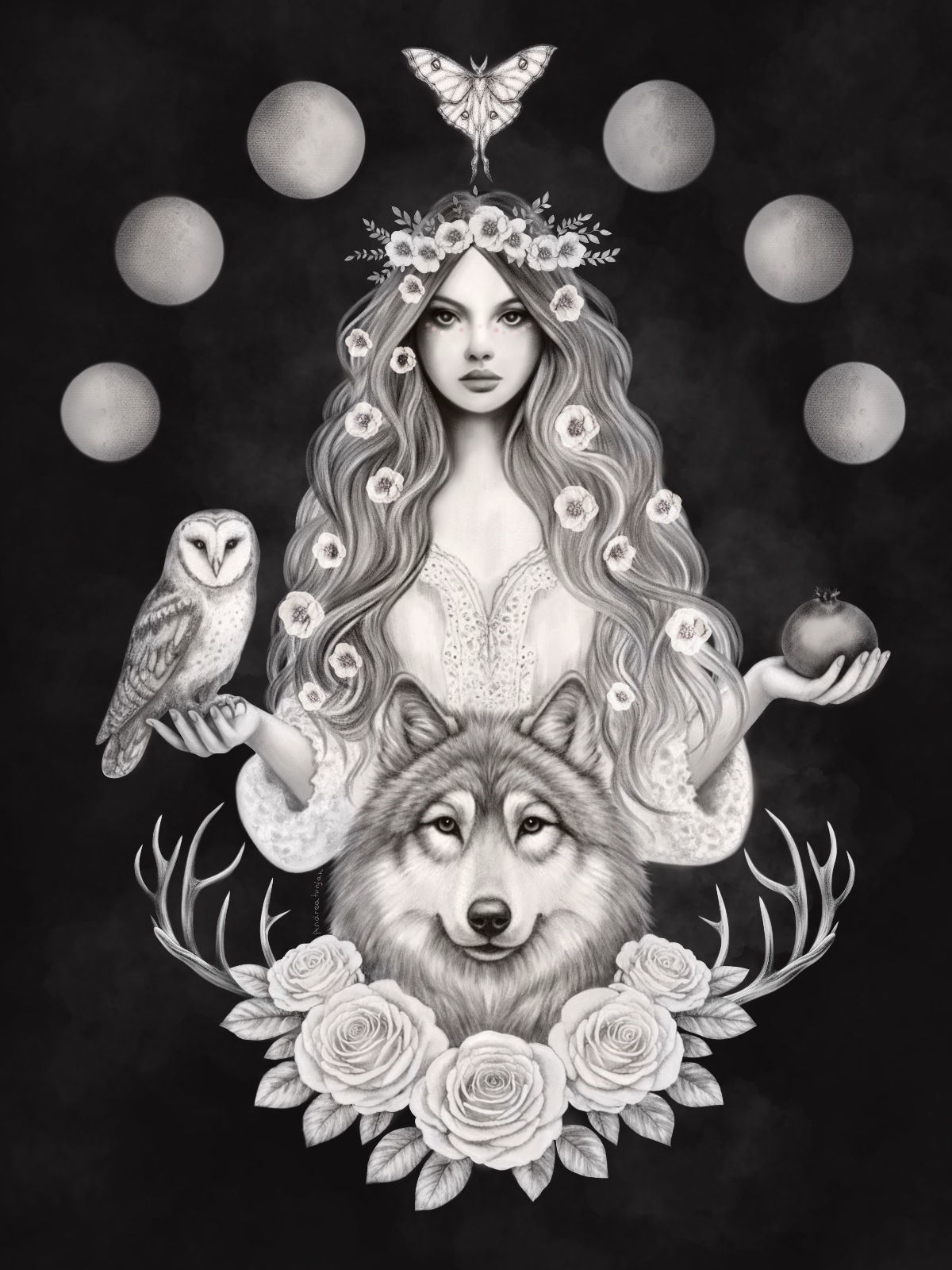 Monochrome illustration of spring goddess  Ostara