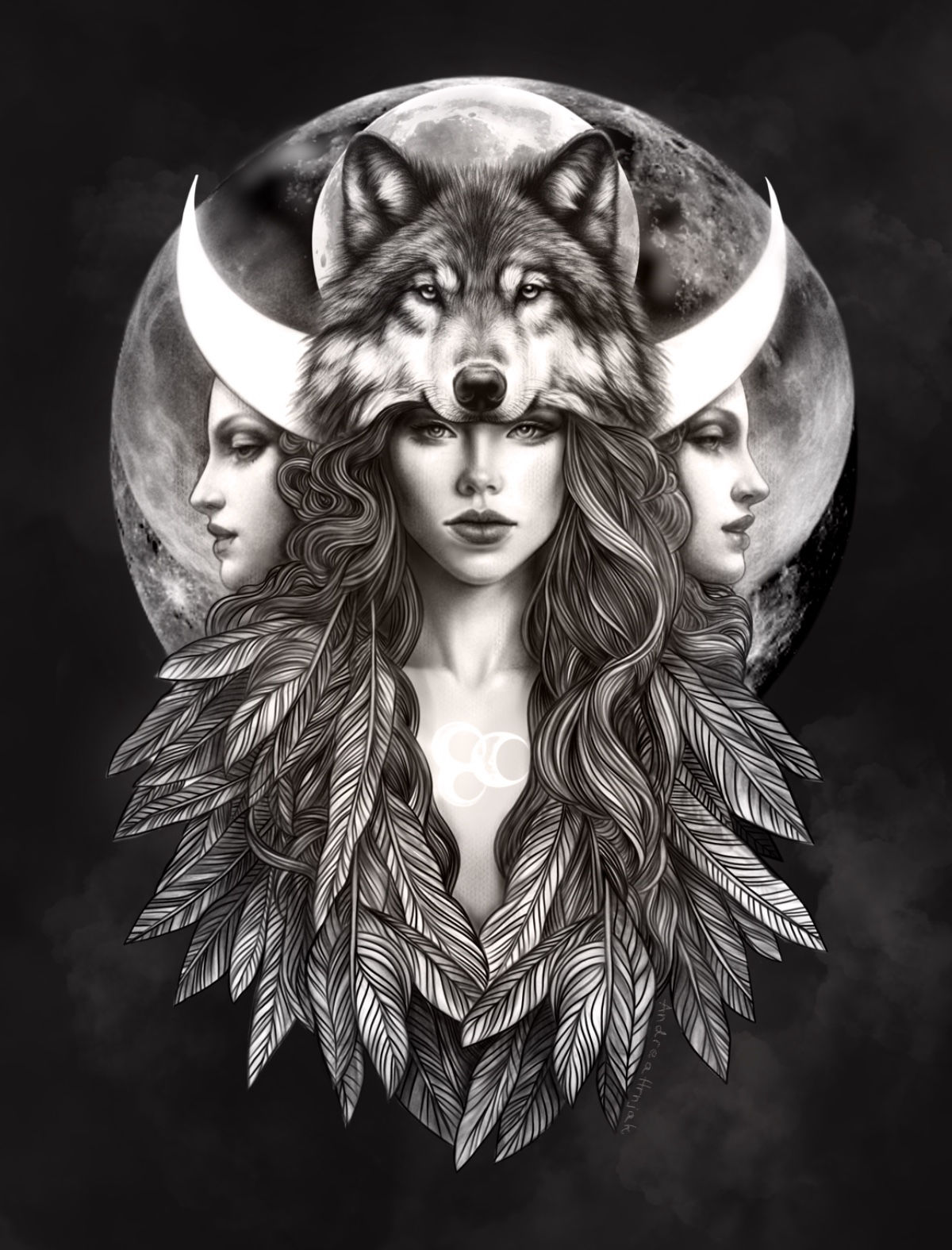 Monochrome illustration of goddess Hecate