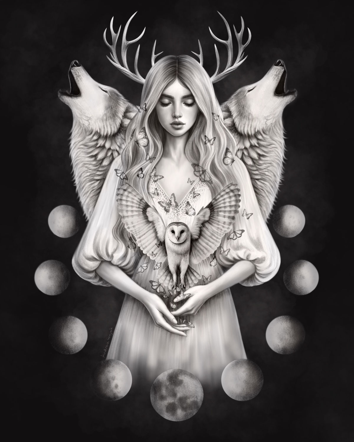 Monochrome illustration of  Antler Queen