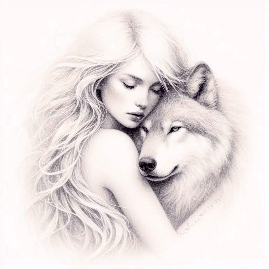 Pencil drawing of woman with wolf
