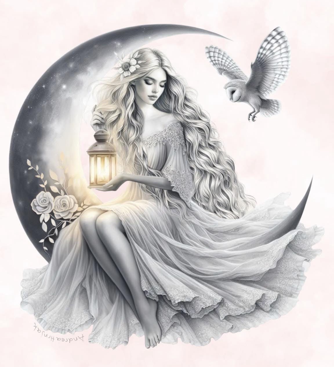Pencil drawing of woman  sitting on moon holding lantern and owl