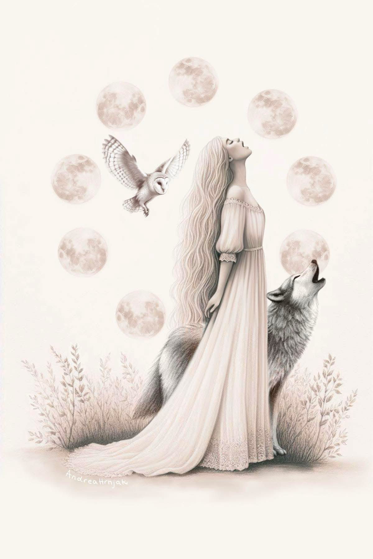 Pencil drawing ow woman und wolf