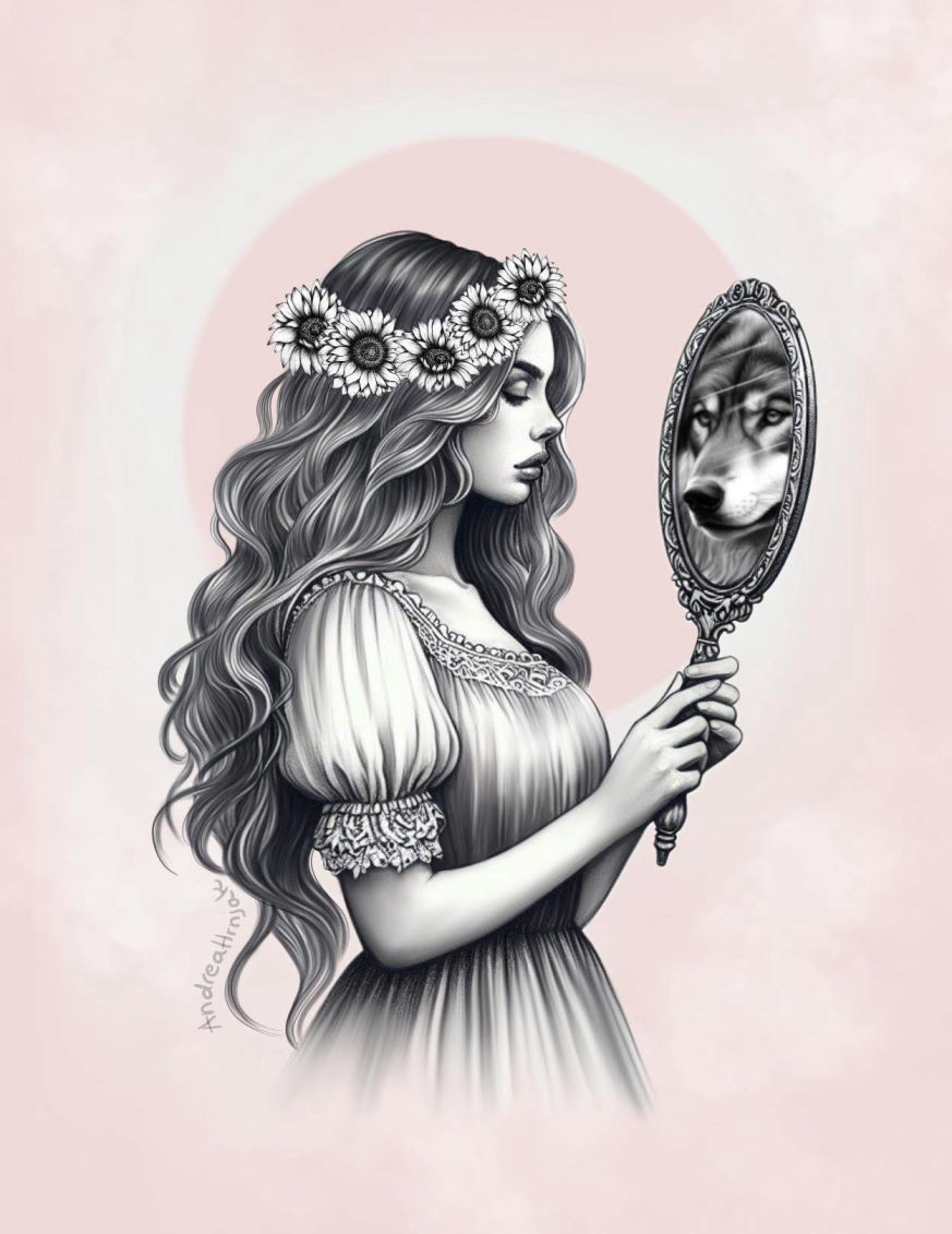 Pencil drawing of woman holding vintage mirror