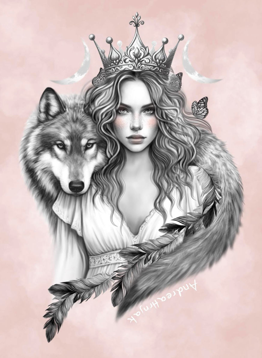 Pencil drawing of woman with wolf