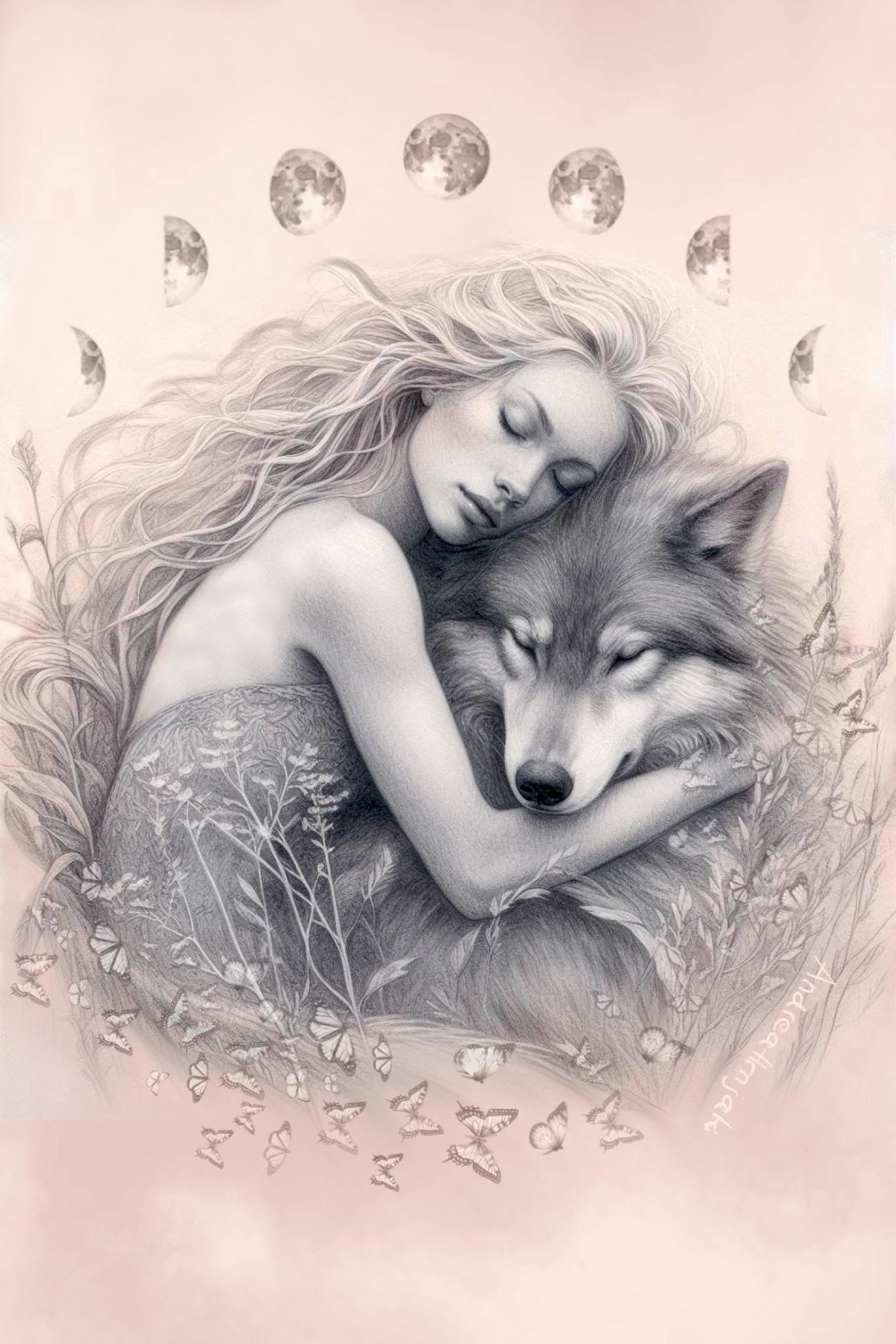 Pencil drawing of a woman hugging wolf 