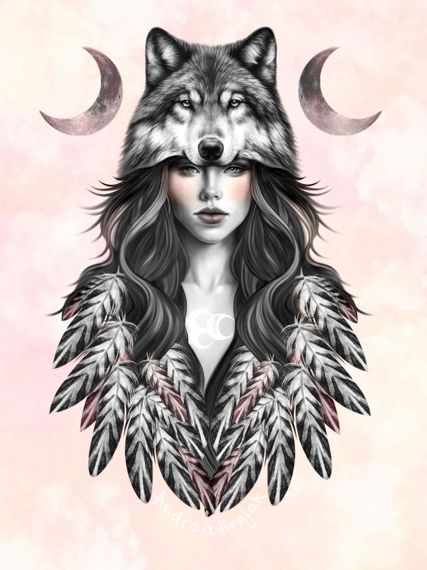 Pencil drawing of woman with wolf mask