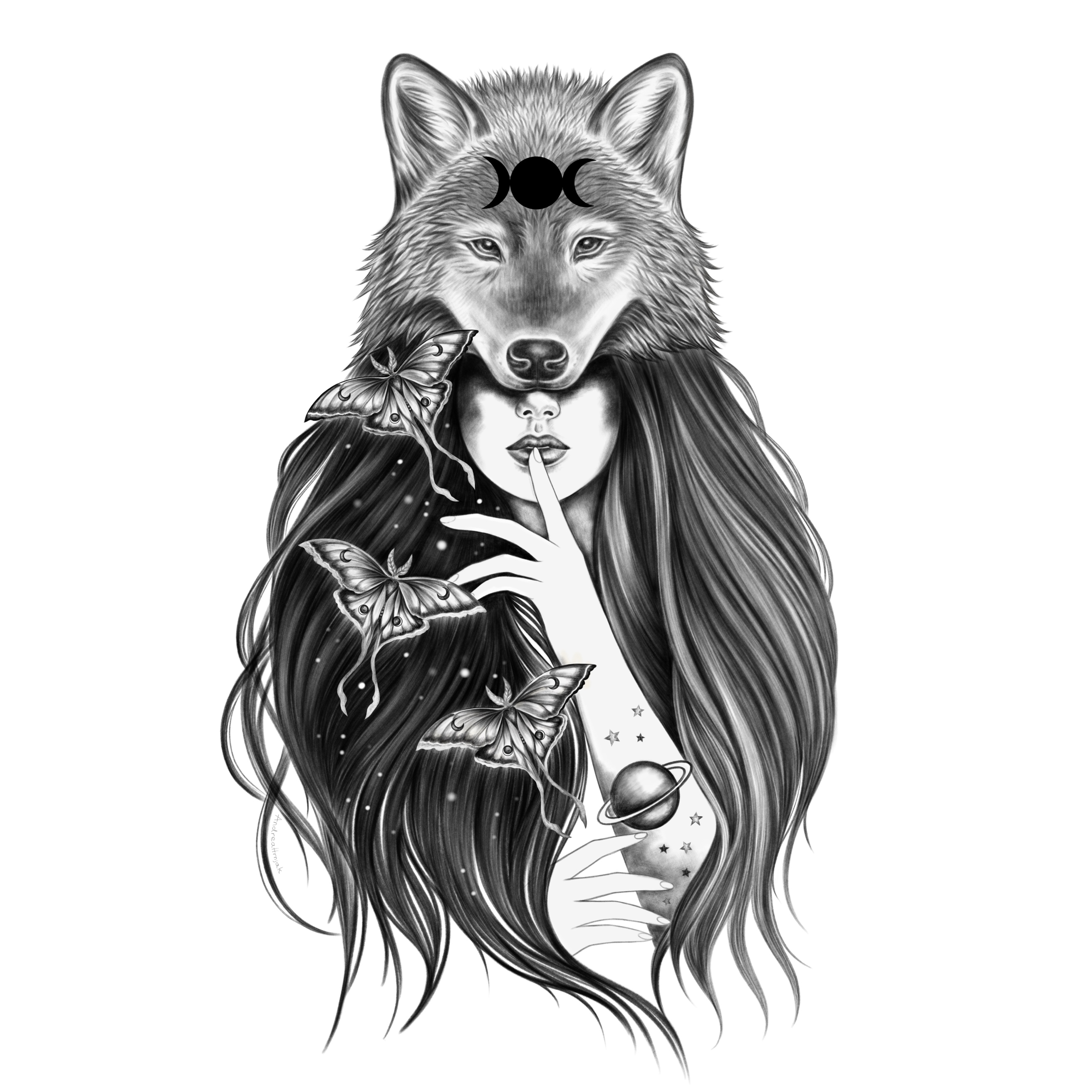 Black and white illustration of wolf woman and luna moths.