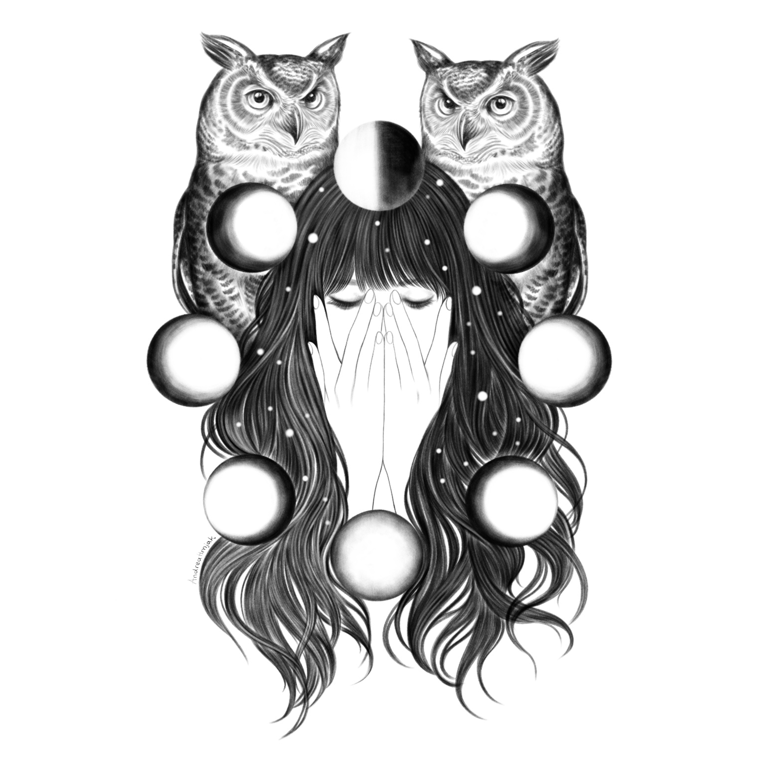 Black and white illustration of woman with owls and phases of the moon.