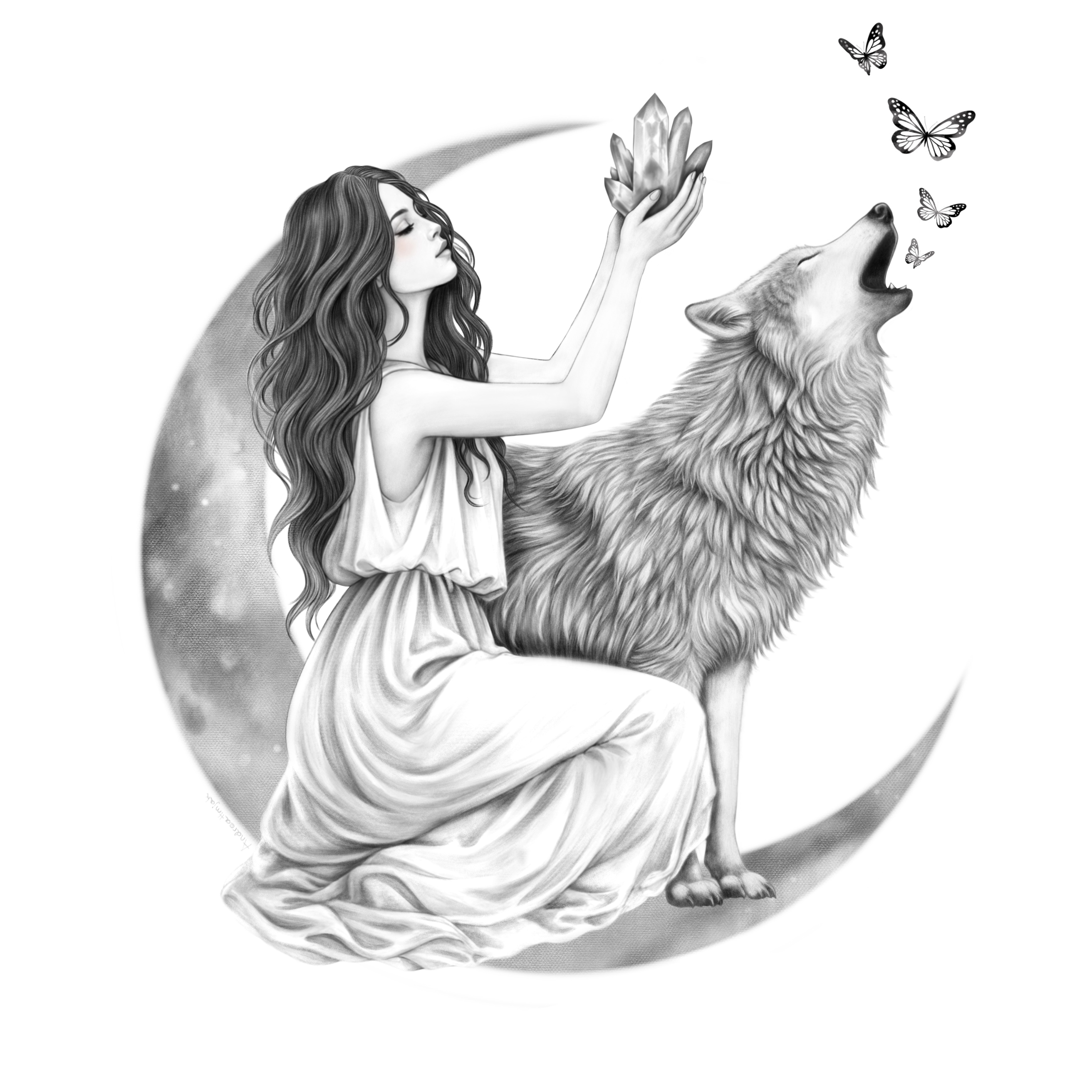 Black and white illustration of woman , wolf, moon, crystal and butterflies.