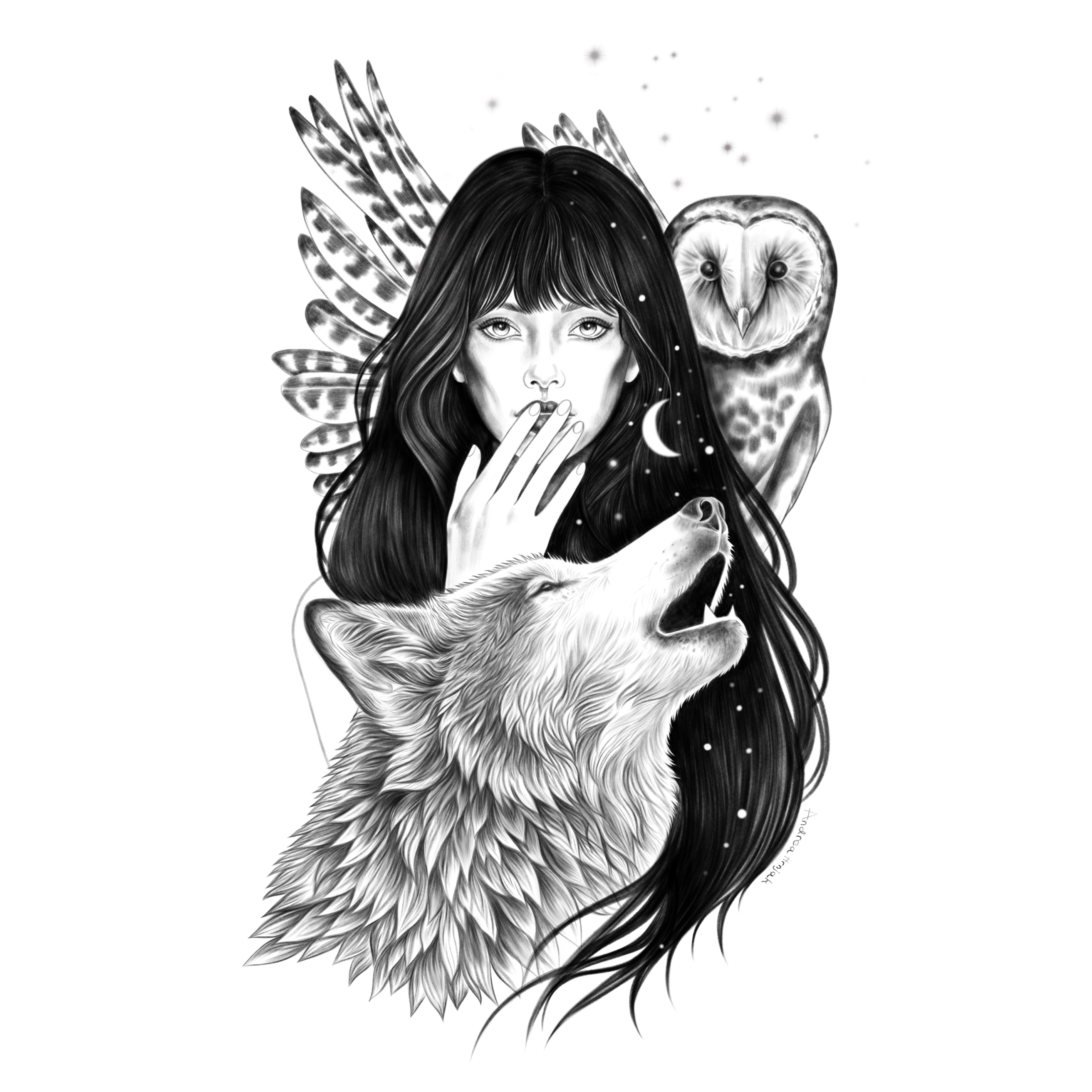 Black and white illustration of woman with wolf and owl.