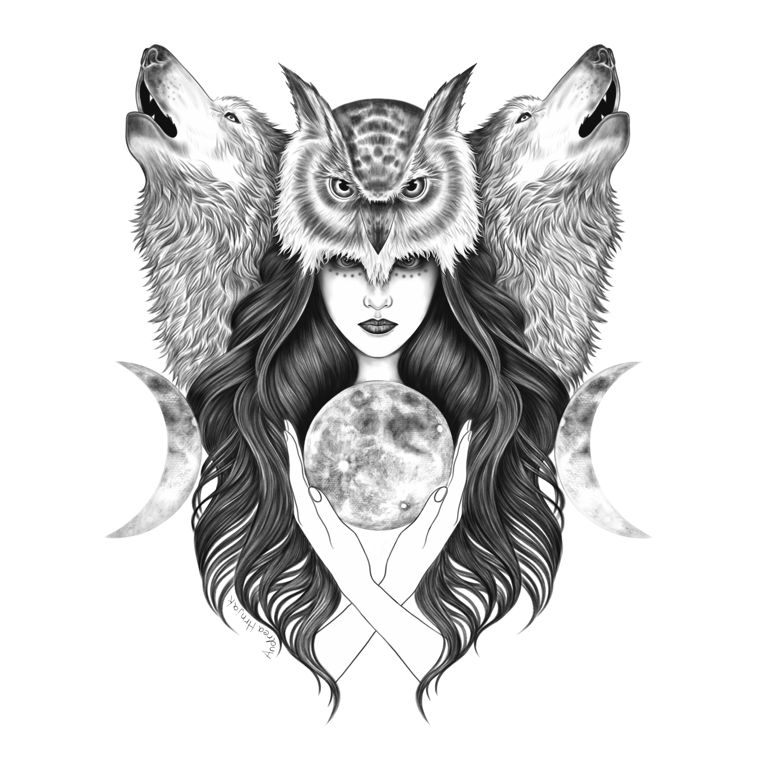 Black and white illustration of woman with owl mask,moon and howling wolves.