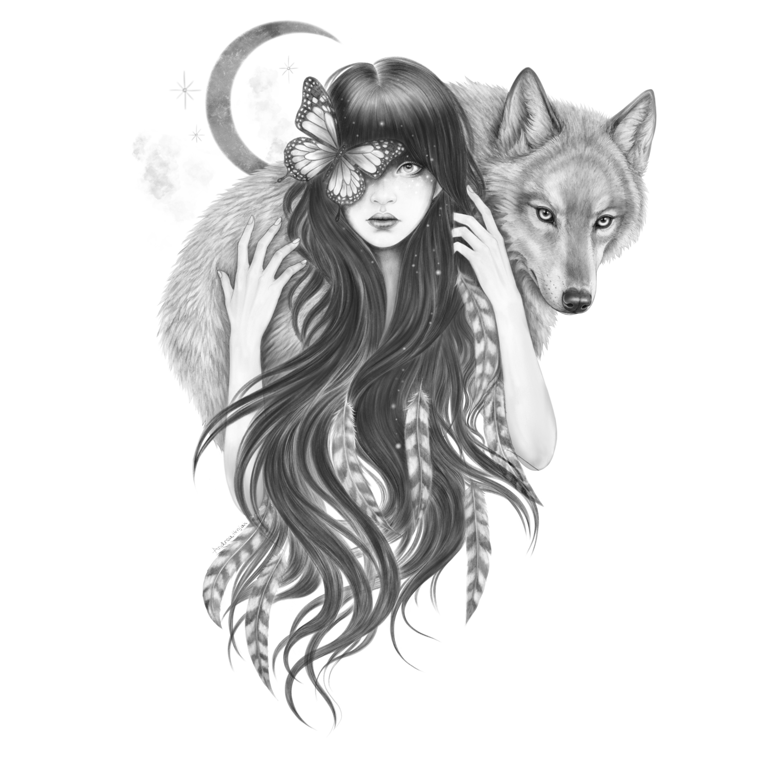 Wolf Heart, monochrome illustration by Vienna-based artist Andrea Hrnjak exploring feminine archetypes and mythology.
