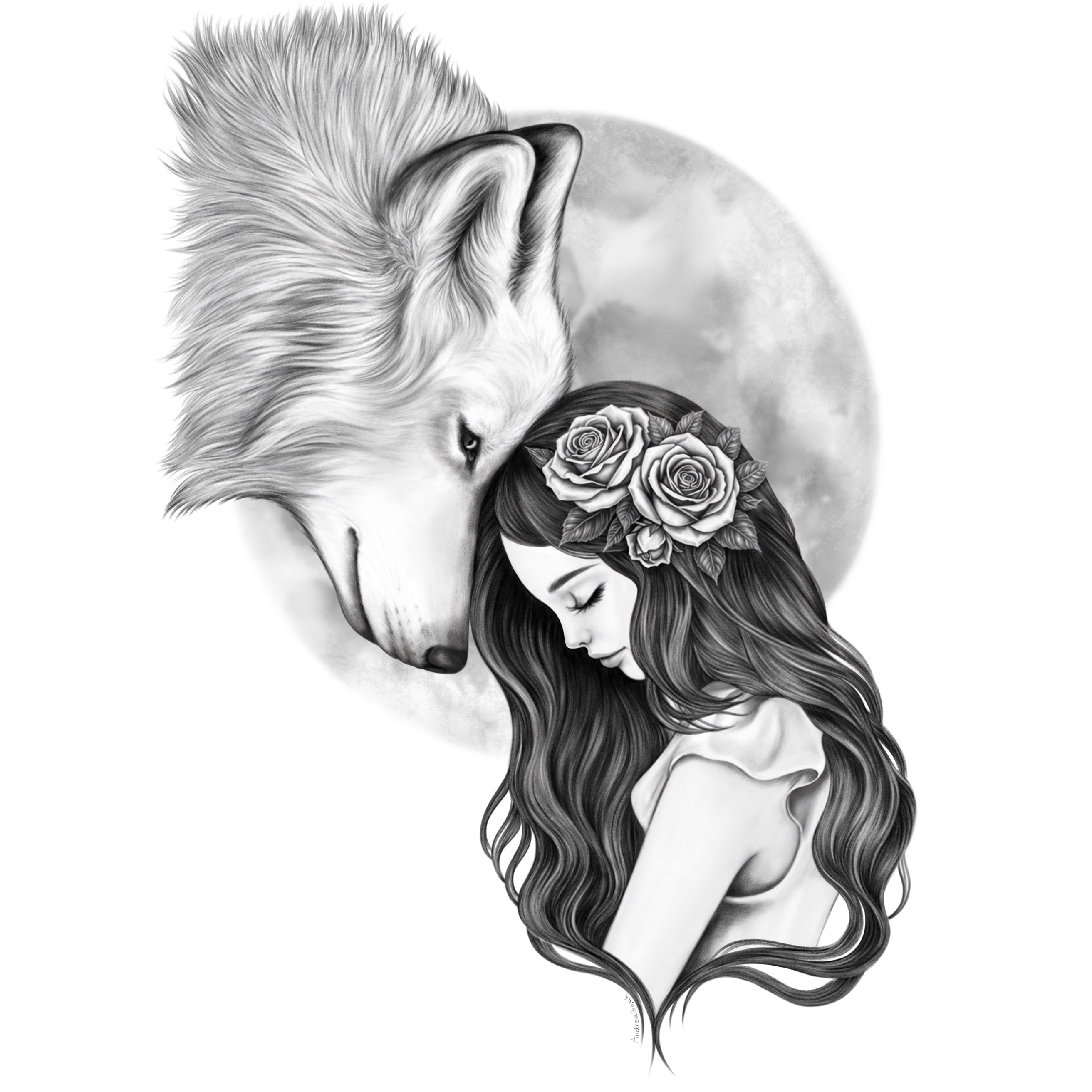 Black and white illustration of woman , wolf and the moon.